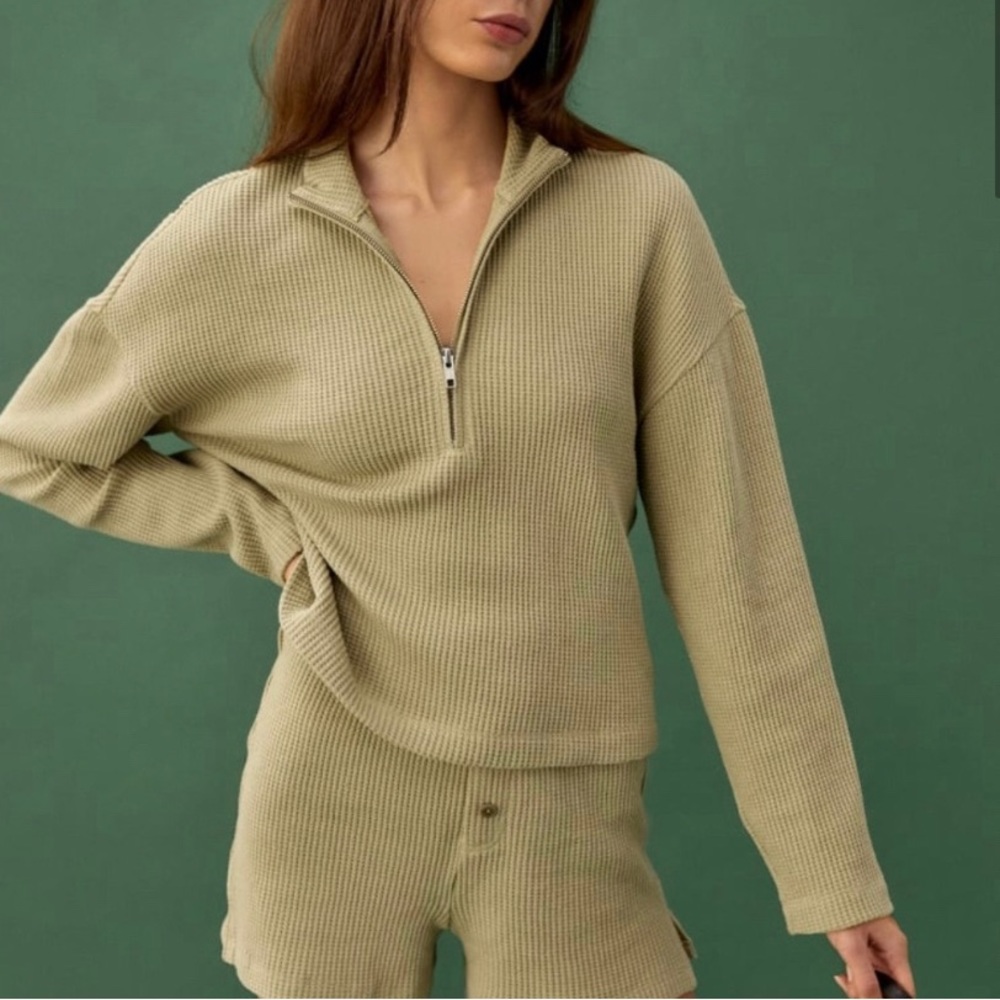 Reformation Olive Green Half-Zip V-Neck Sweater